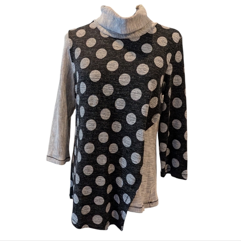 Patrizia Luca Gray White Polka Dot‎ Striped Turtleneck Asymmetrical Knit Sweater